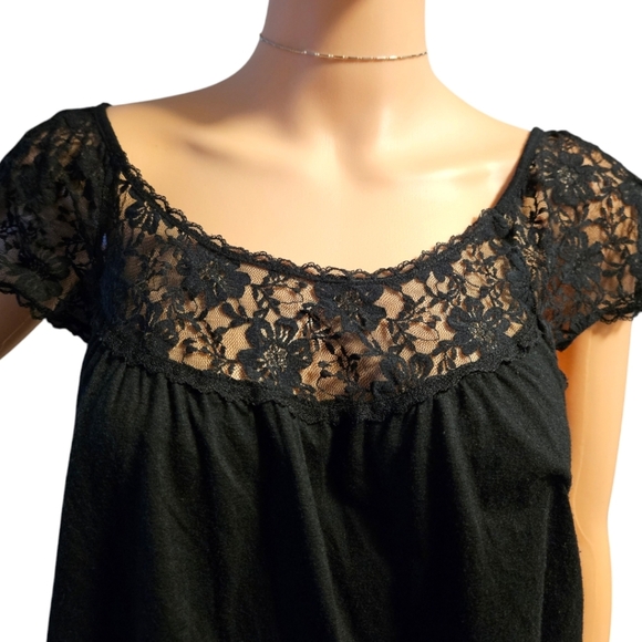 Womens y2k Lace Sleeve Tee w/Smocked Waist Sz M 2000s Fairygrunge Whimsigoth - Picture 4 of 11